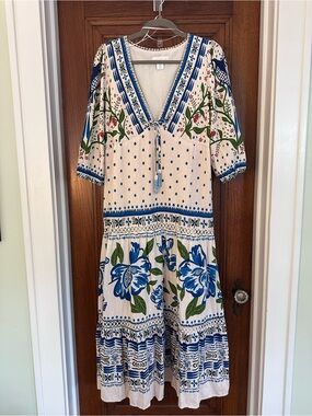 House of Harlow 1960 Blue Bird Floral Boho Midi Dress Size Small